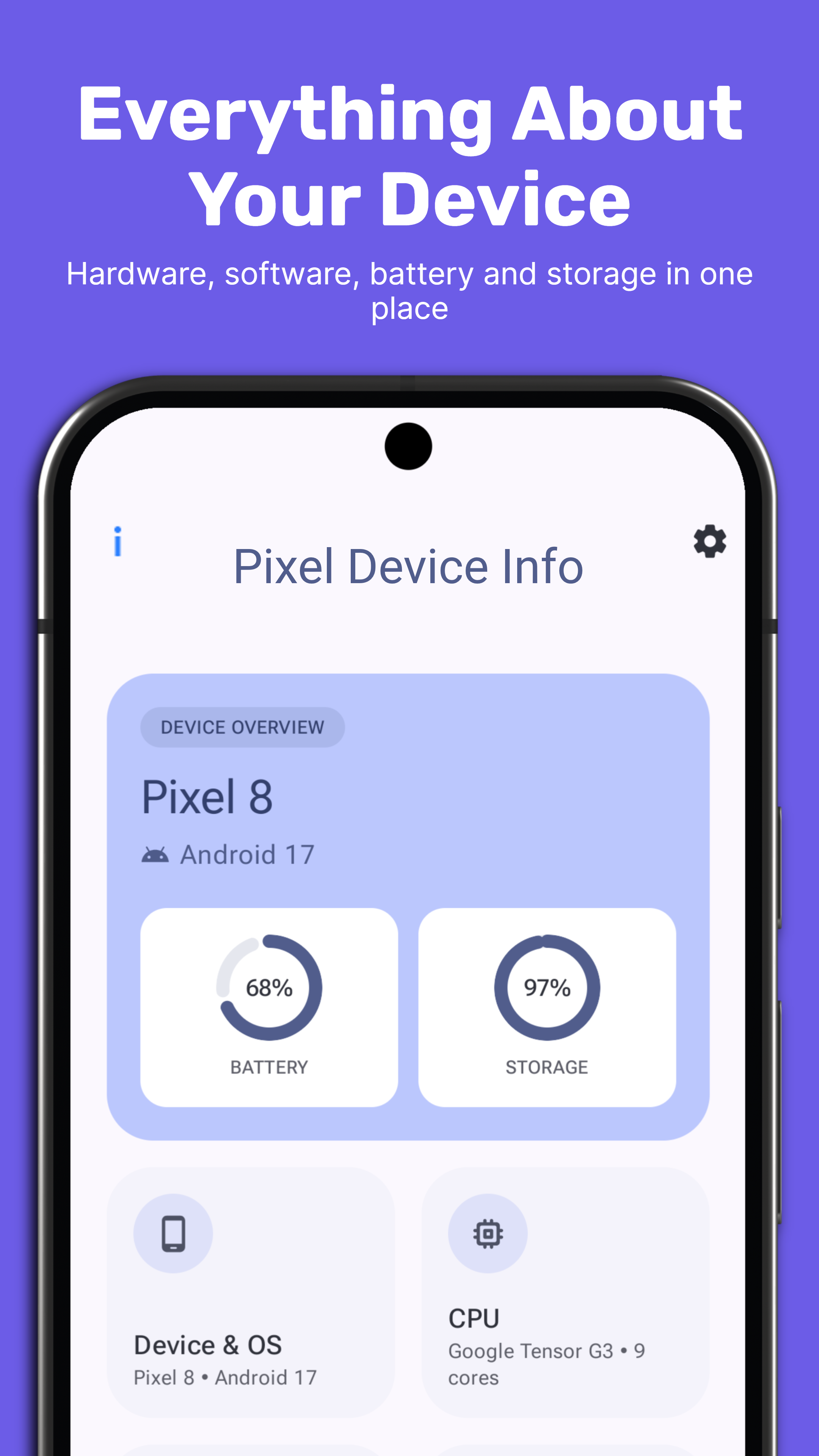 Device Info device overview screen showing model, Android version, battery, and storage at a glance