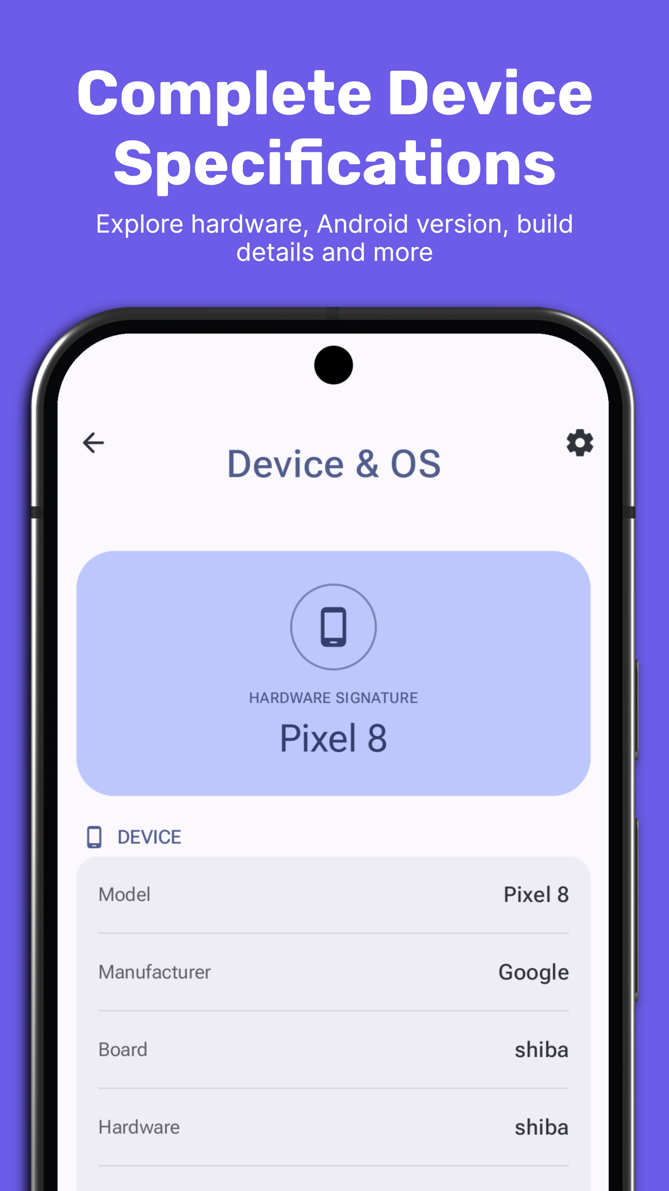 Device Info Device & OS screen listing model, manufacturer, board, and hardware details