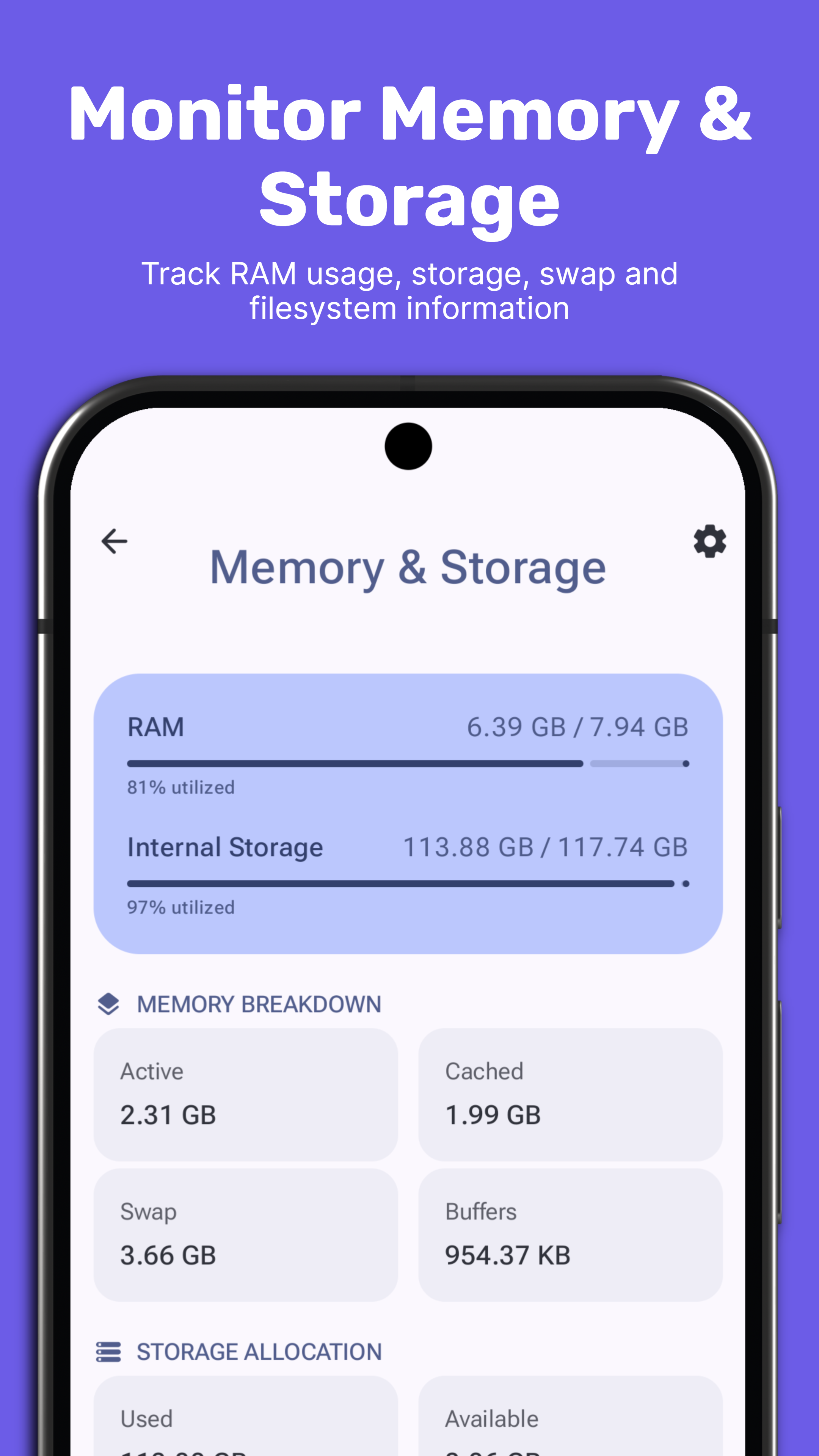 Device Info Memory & Storage screen showing RAM usage and internal storage breakdown