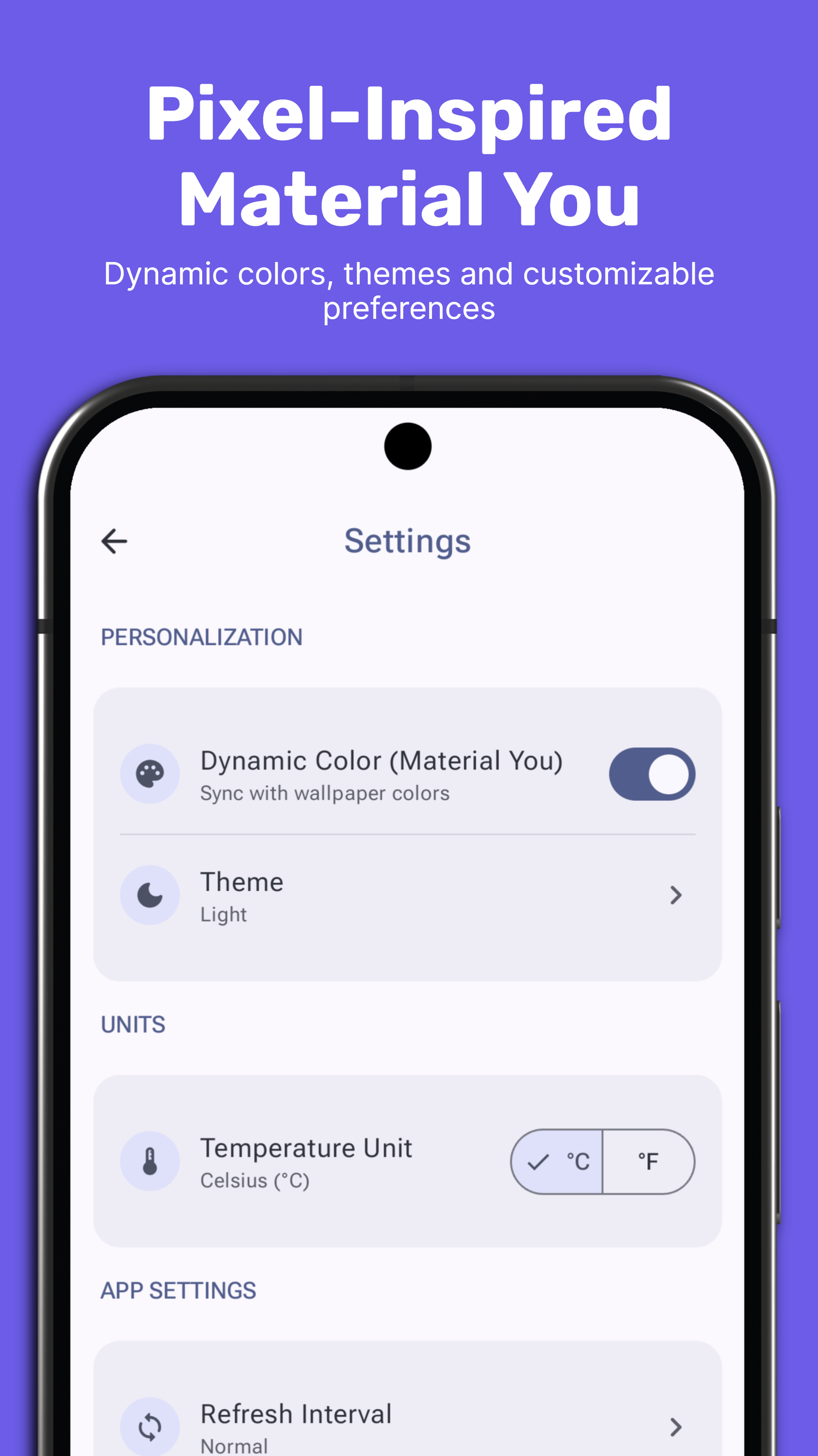 Device Info Settings screen with dynamic color, theme, and unit preferences
