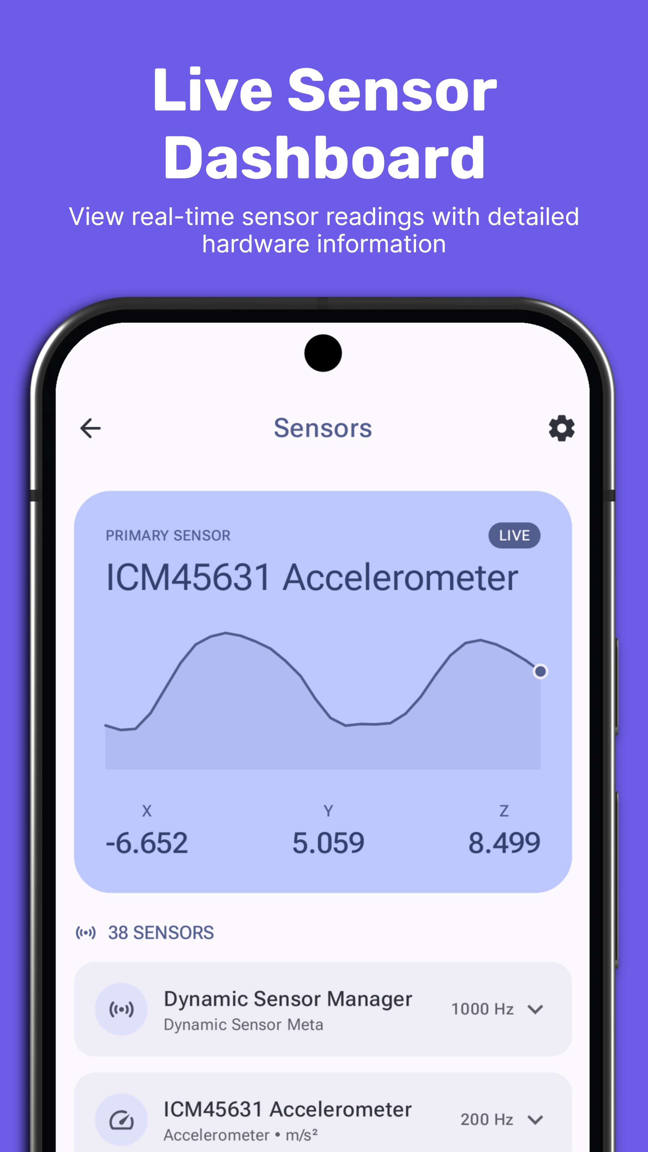 Pixel Device Info Sensors screen with a live accelerometer chart and list of onboard sensors